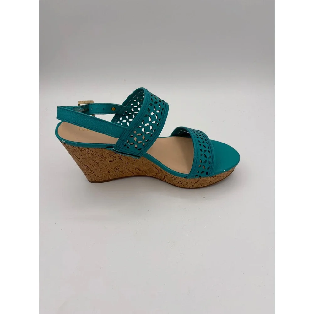 Liz Claiborne Teal Laser Cut Cork Wedge Sandals Womens 7.5M Blue 106-6263
